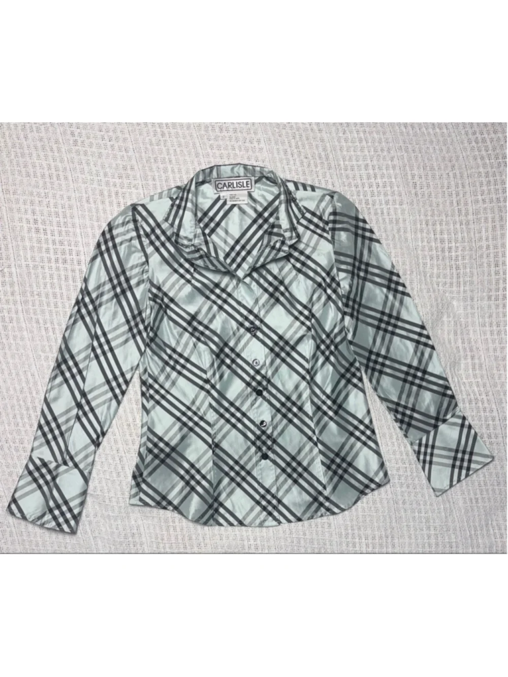 Carlisle Vintage 100% Silk Mint Green Diagonol Plaid Button Up Shirt Size 2 EUC